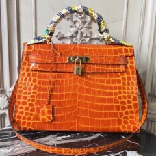 Hermes Kelly 32cm Bags In Orange Crocodile Leather